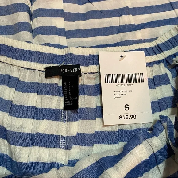 NWT Forever 21 Blue and White Striped Off-the-Shoulder Dress, Size Small - Picture 4 of 5
